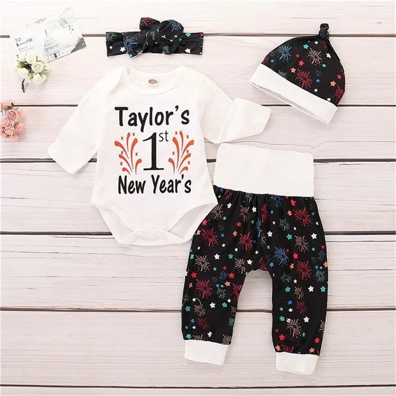 

My First New Year 4PCS Cute Baby Boys And Girls Long Sleeve Top + Pants + Hat + Headband Fashion 4 Piece Suit Baby Clothes