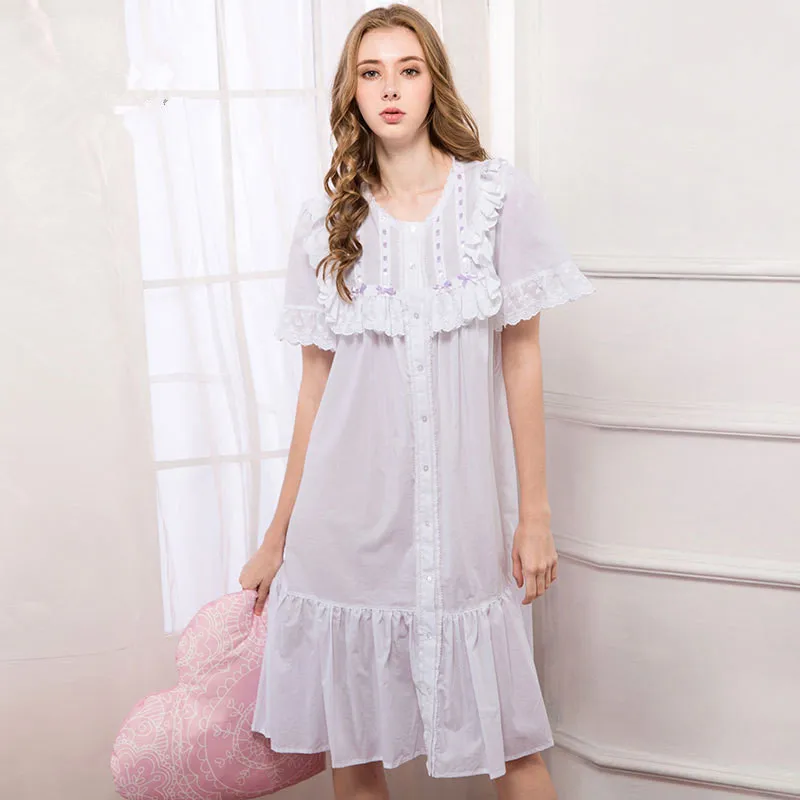 New 2017 Women White Pure Cotton Princess Gowns Female Casual Lace
