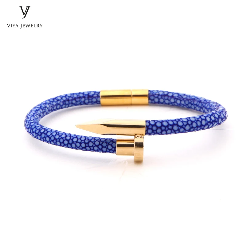 

2017 New Charm Leather Nail Bracelet Real Blue Stingray Leather Bracelet Customize Fashion Couple Nail Bracelet