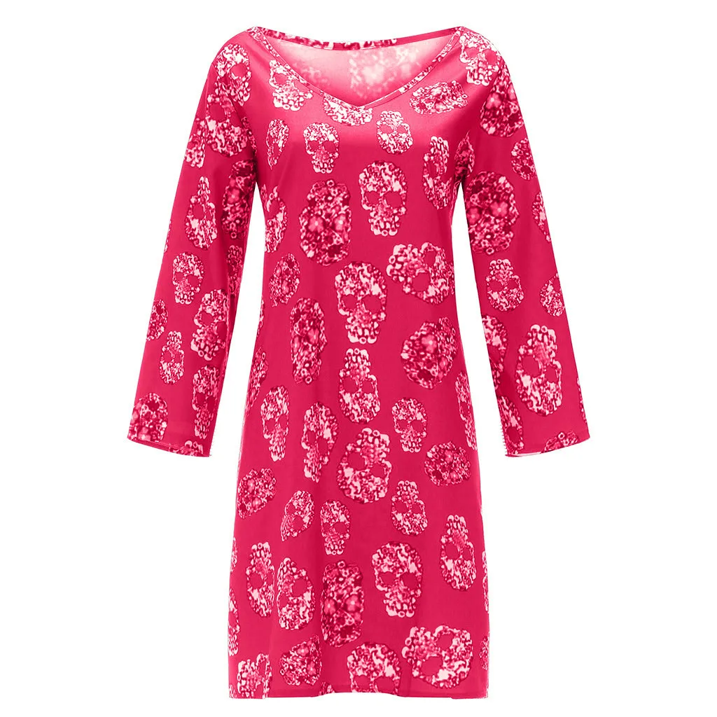 Женское элегантное платье с принтом черепа и v-образным вырезом с длинным рукавом, повседневные свободные вечерние платья размера плюс 5XL vestidos Femme 19Jul - Цвет: Hot Pink