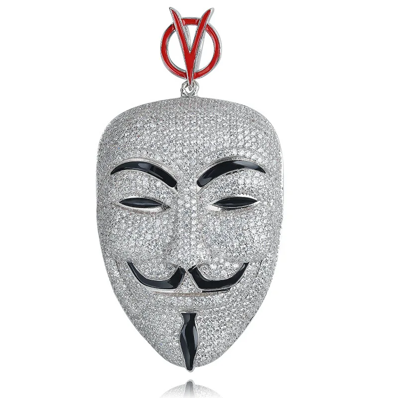 Хип-хоп микро проложили AAA CZ камень Bling Ice Out Серебро V для вендетты Подвески в виде маски ожерелье для мужчин рэппер ювелирные изделия Прямая поставка