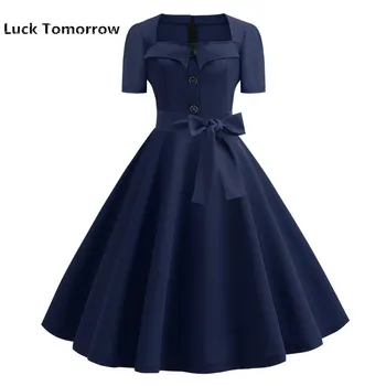 

Summer Dresses Women 2019 Elegant Retro Vintage 50s 60s Robe Rockabilly Swing Pin up Dresses Casual Dark Blue Party Vestidos