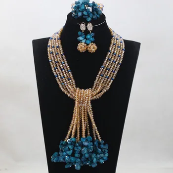 

Blue Coral Pendant African Wedding Beads Jewelry Set New Gold Mix Blue Nigerian Beads Necklace Jewelry Set Free Shipping WA489