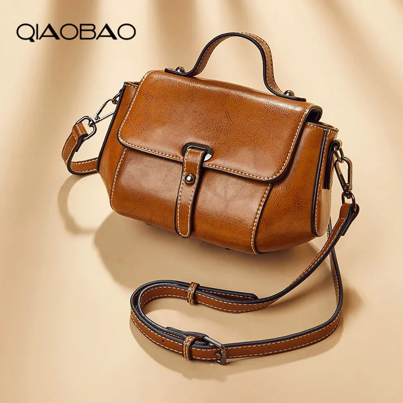 

QIAOBAO Retro 100% Cowhide Leather Bags Women Shoulder Bags Women Handbags Ladies Solid Messenger Bag Female