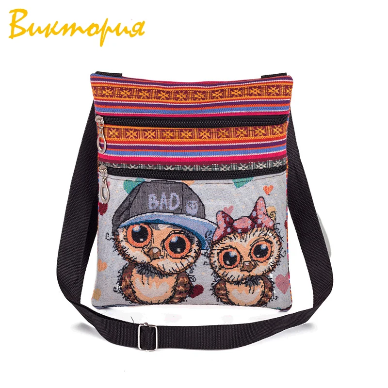 

CHARAS BAGS flax women's Shoulder Bags zipper Leisure shopping student bag owl embroidery canvas Unisex messenger bags