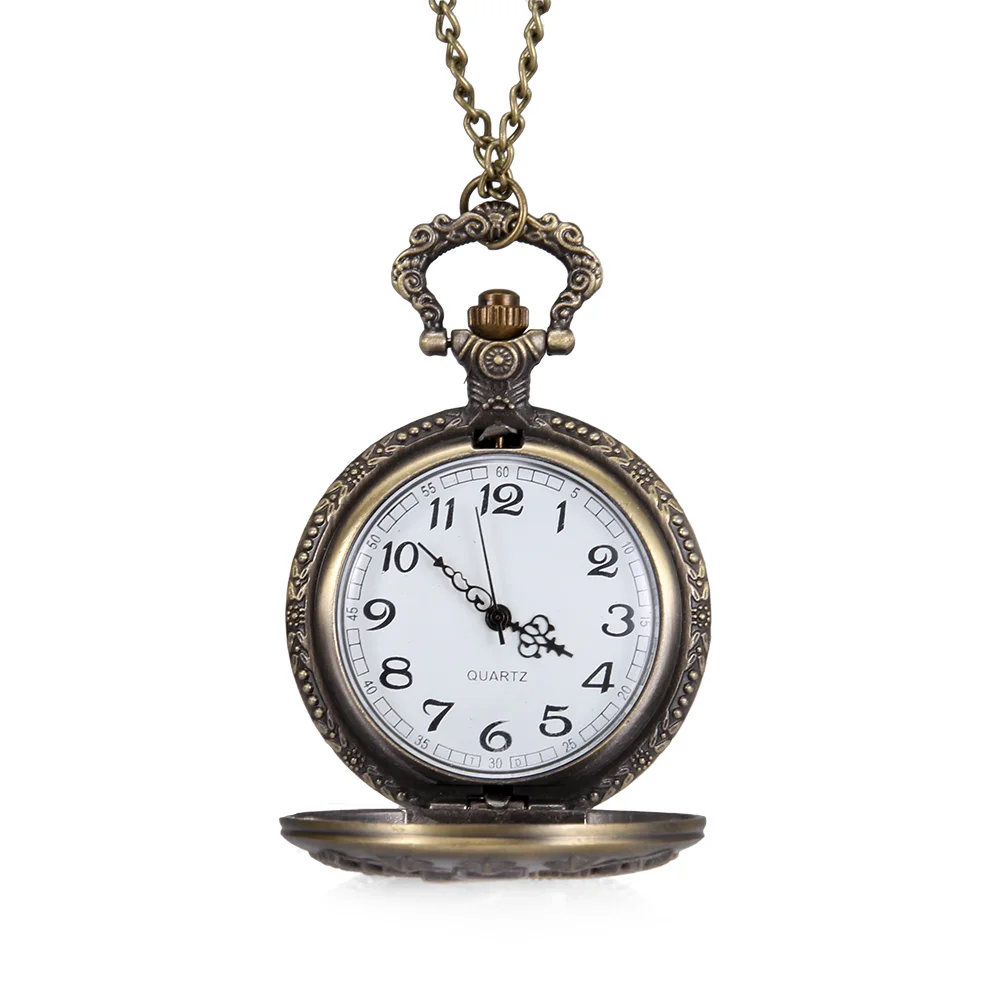 

1pc Men Women Quartz Pocket Watch Star Olive Branch Carved Case with Chain KQS8