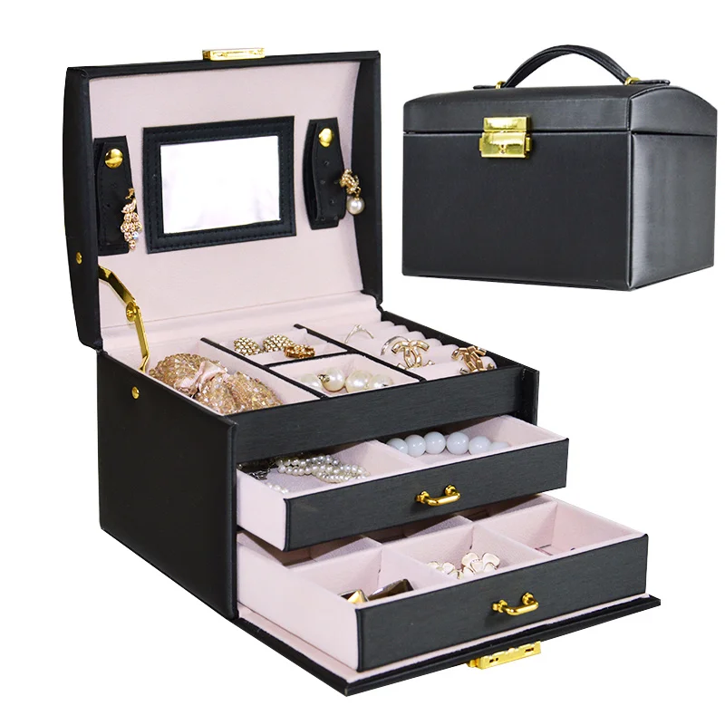 Корейский стиль украшений шкатулка пу коробка для хранения для ювелирных изделий Макияж Дело ювелирные изделия Организатор коробки контейнера подарок для свадьбы дня рождения - Цвет: heiseyusiwen