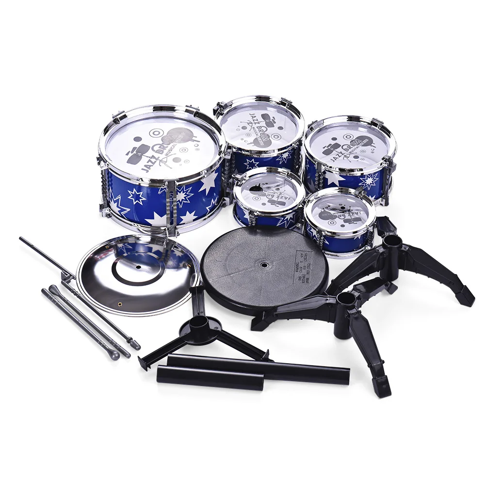 Детский набор для джазовых барабанов, Музыкальный обучающий инструмент, игрушка 5 барабанов+ 1 тарелка с маленьким стулом, барабанные палочки, ударный инструмент - Цвет: Blue