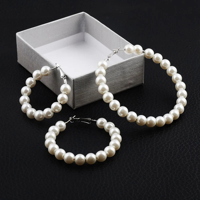 Pendientes de aro redondo elegante perlas círculo de Joyería de Perlas de gran tamaño para mujer
