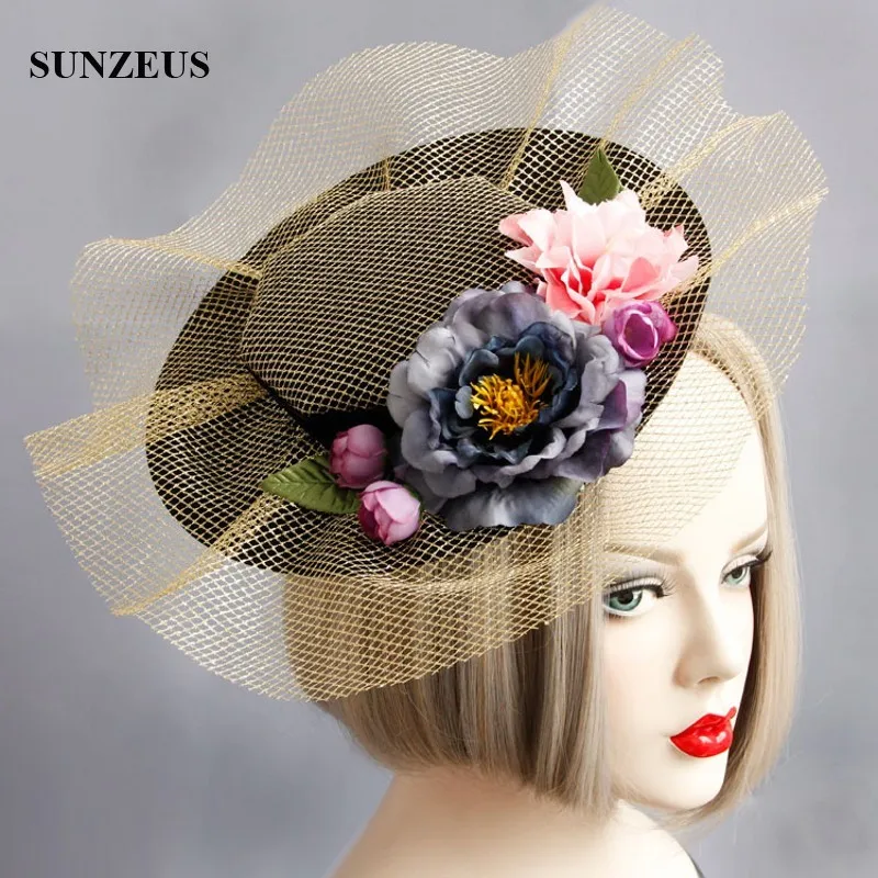 

British Style Gold Tulle Bridal Party Hats With Flowers Romantic Holiday Wedding Headwear Vintage Accessory For Head FJ-68