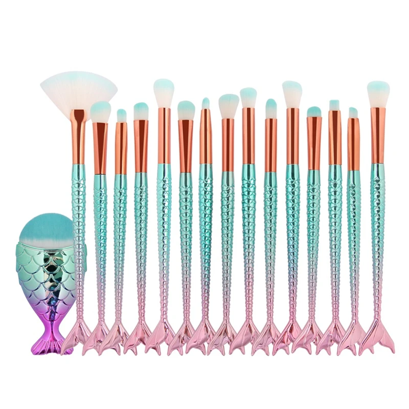 

16pcs Professional Makeup Brushes Mermaid Eyebrow Eyeshadow Eyeliner Fan-shaped Foundation Brush Fish-shaped Blush drop shipping