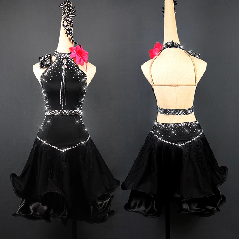 

2019 Latin Dance Dress Women Rhinestone Black Fringe Dress Backless Singer Dancer Professional Competitive Latin Dress VDB113