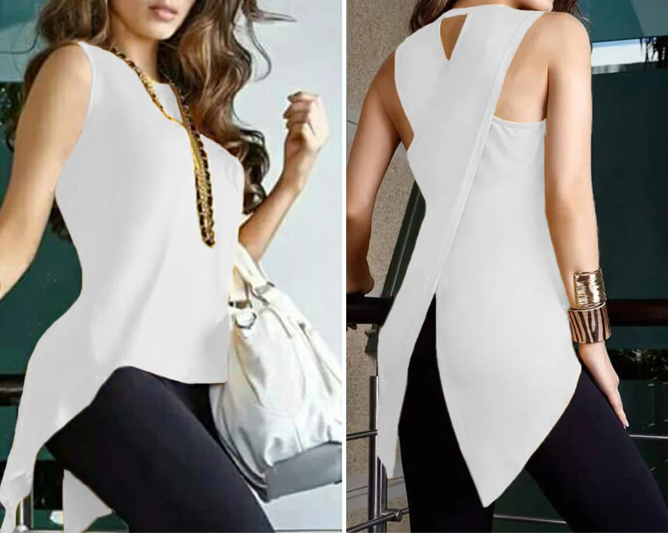 Summer Yellow Blouses Sleeveless Ladies Top Cross Irregular O-Neck Woman Blouse Female Shirt Tops Tank 3XL 2019 OL Elegant Wear