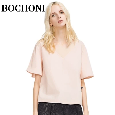 2018 Bochoni Новый Для женщин v-образным вырезом расклешенная Однотонная футболка |