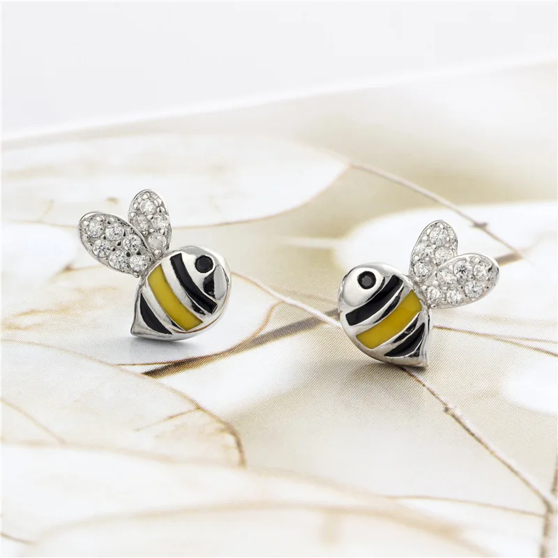 cute bee drop glaze cz earring 100% 925 Sterling silver Jewelry fashion Hypoallergenic Stud earrings for women gift