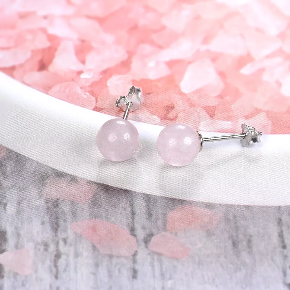 Hutang 6mm Round Natural Agate Jade Rose Quartz Stud Earrings Solid 925 Sterling Silver Multi Gemstone Fine Jewelry for Women Fine Jewelry