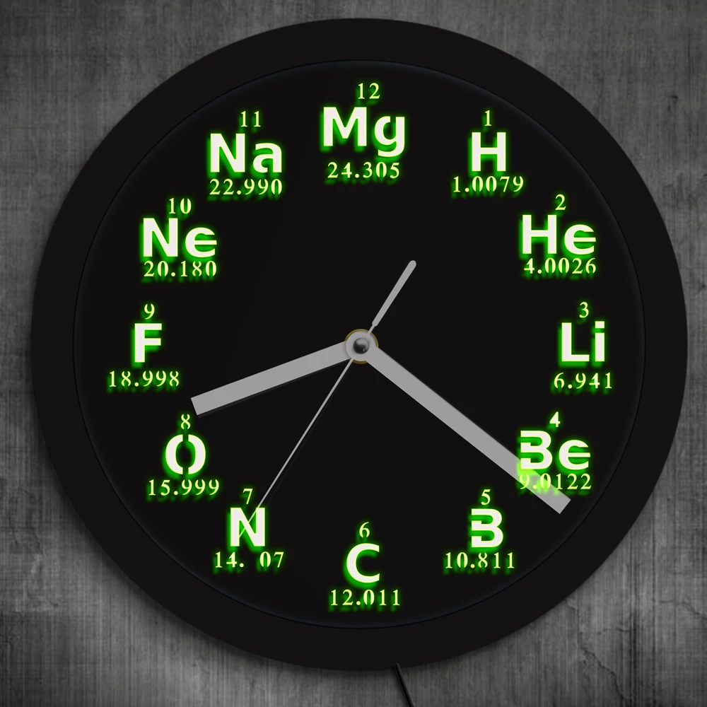 1Piece Periodic Table Element Wall Clock Science Chemical Elements LED
