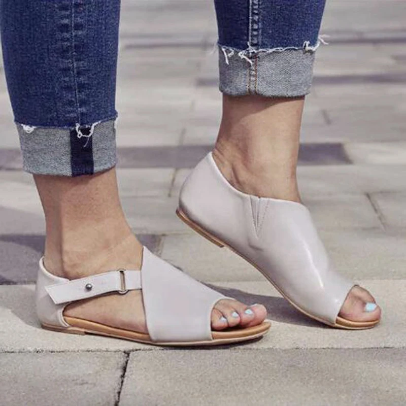 

2019 Women Summer Beach Leather Open Toe Flat Ankle Strap Sandals Shoes Plus Size