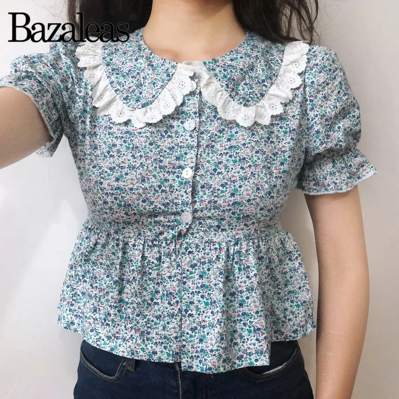 

Bazaleas Chic Floral Print Cropped Blouse Vintage Lace Patchwork Womens Tops blusas Buttons Blusa Feminina Casual drop shipping