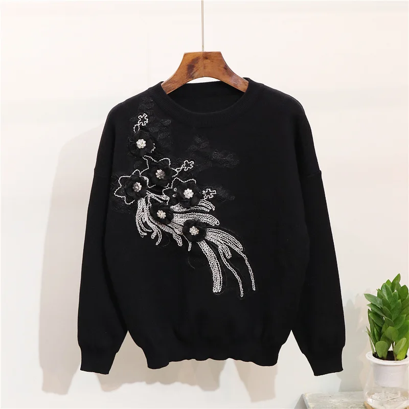 ALPHALMODA Европейская станция женские модные зимние вязаные костюмы вышитые блестками Цветочные черные джемперы брюки женские комплекты из 2 предметов