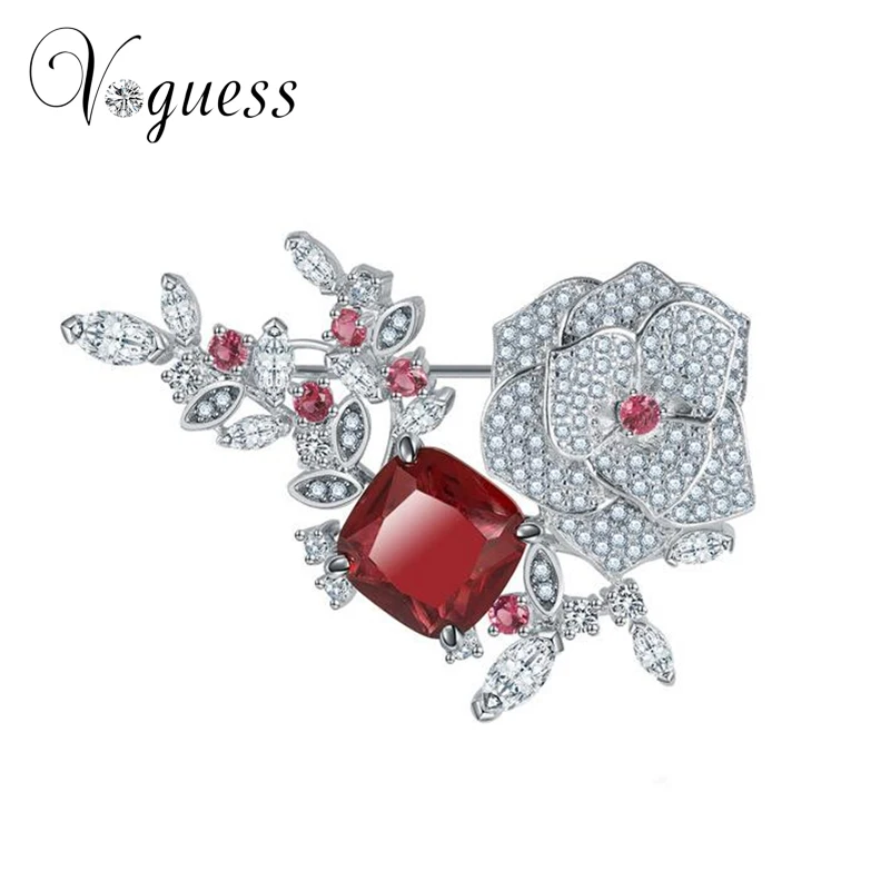 VOGUESS Luxury Red AAA Zircon Crystal Brooch Brand Design Flower Women