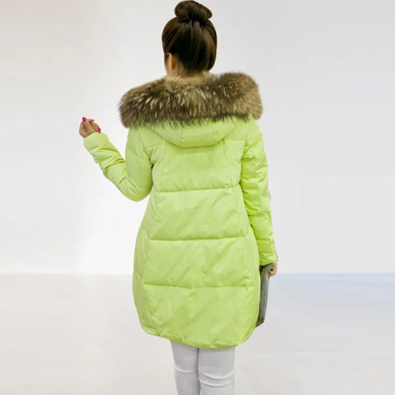 Leiouna природный енот мех качественный пуховик для женщин утка пальто куртки пушистая парка женские длинные Утепленные Пальто Зимняя одежда черный