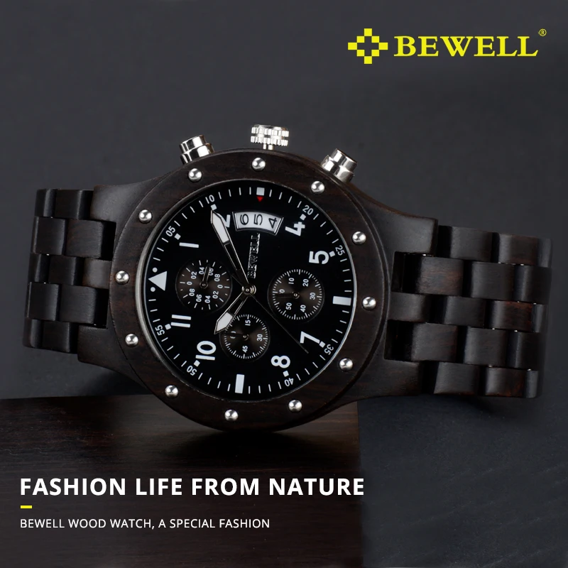 Tanie BEWELL luksusowa marka mężczyźni drewna zegarek człowiek wodoodporna godzina męski chronograf analogowy cyfrowy zegarek kwarcowy zegar Relogio Masculino 109D