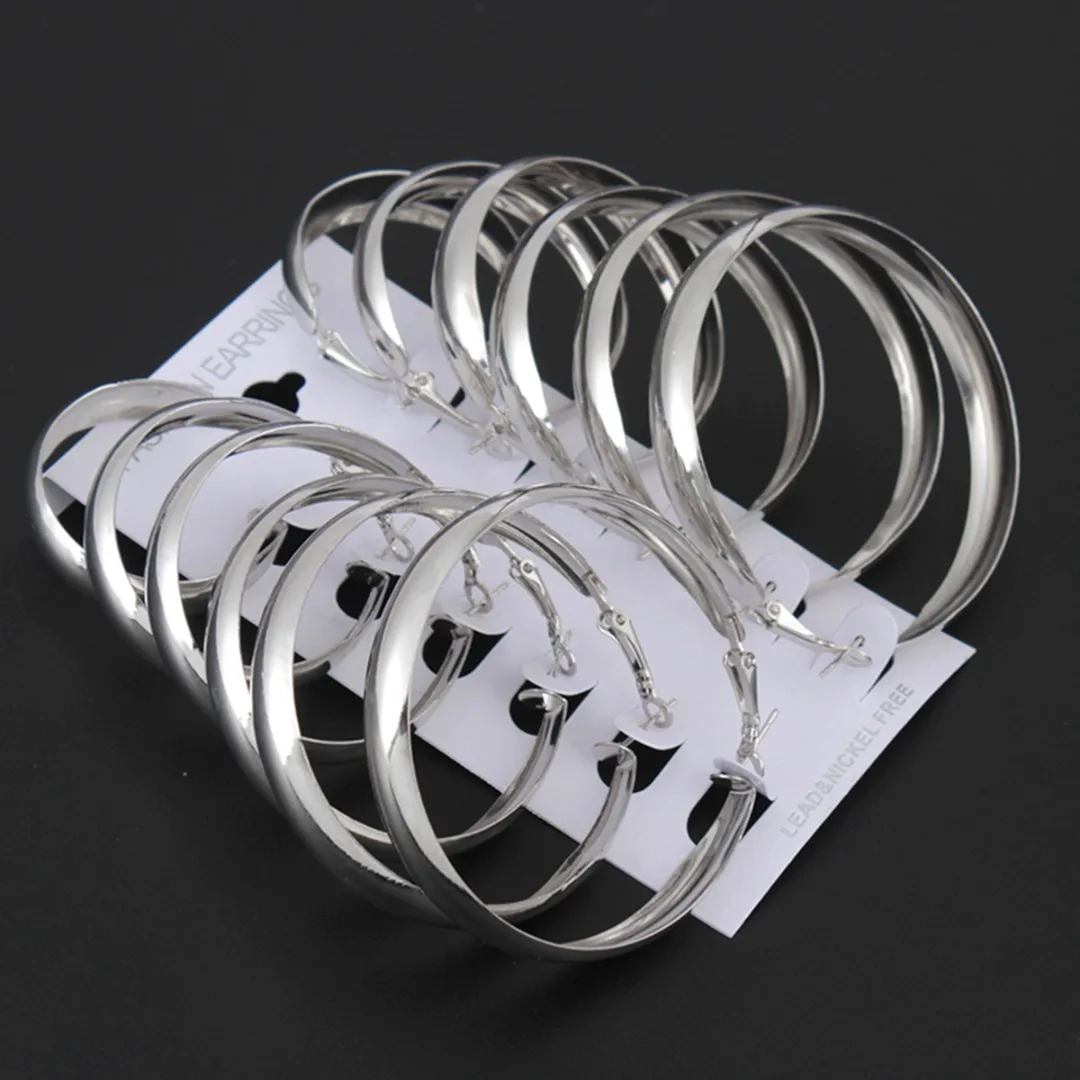 New 6 Pairs/set Vintage Dangle Big Circle Hoop Earrings Gold Silver Women Steampunk Ear Clip Shellhard Punk Ear Set Jewelry