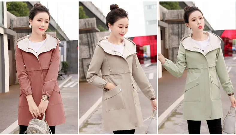 Женская ветровка Новая корейская Высококачественная средняя длинная одежда весна осень большой размер Тренч с капюшоном женское базовое пальто AA662