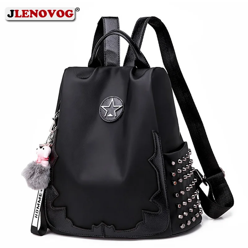 

Women's Nylon Rivet Backpack Black Punk Stykish Female Anti-Theft Leisure School Bags Fashion Lady Small Rucksack Casual Daypack