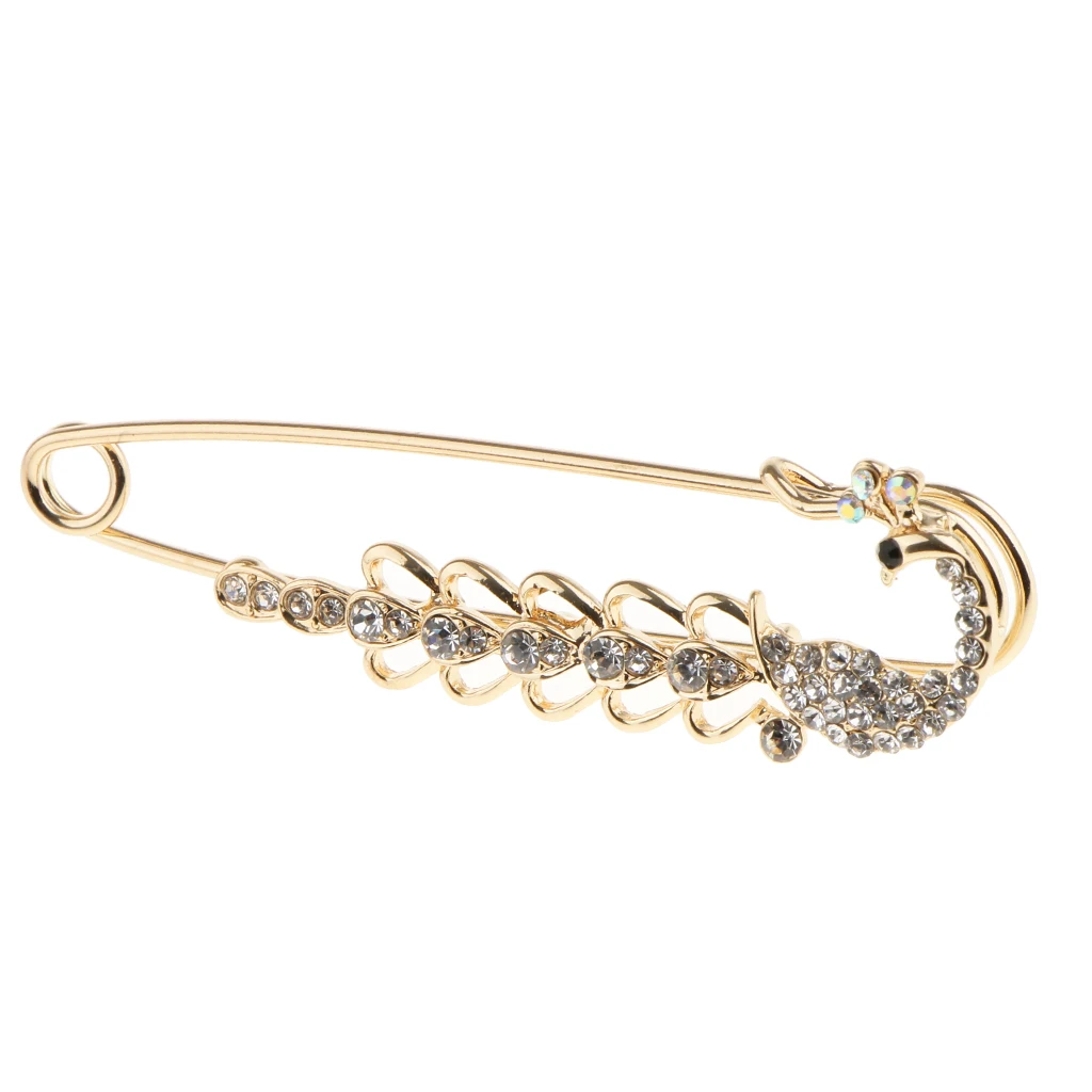 Phenove Crystal Peacock Safety Pin Brooches Clip for Ladies Scarf Cardigan Coat Gown Brooch Pin for Wedding Party