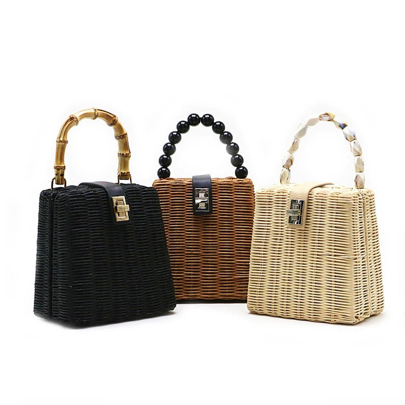 

Luxury Designer Handbags Small Box Rattan Bag Marble Beaded Straw Bag Fashion Crossbody Handmade Beach Bag For Women 2019