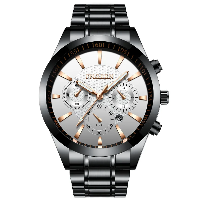 

Fngeen Business Sports Watch Men Quartz Wristwatch Band Male Clock Wrist Shockproof Waterproof Clock Black Steel Belt