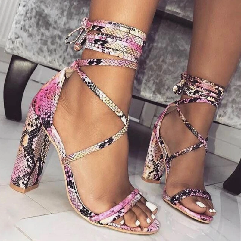 

MONMOIRA Sexy Snakeskin Gladiator Sandals Women Lace up Cross-tie High Heel Women Sandals Thick Heel Summer Sandals SWC0222