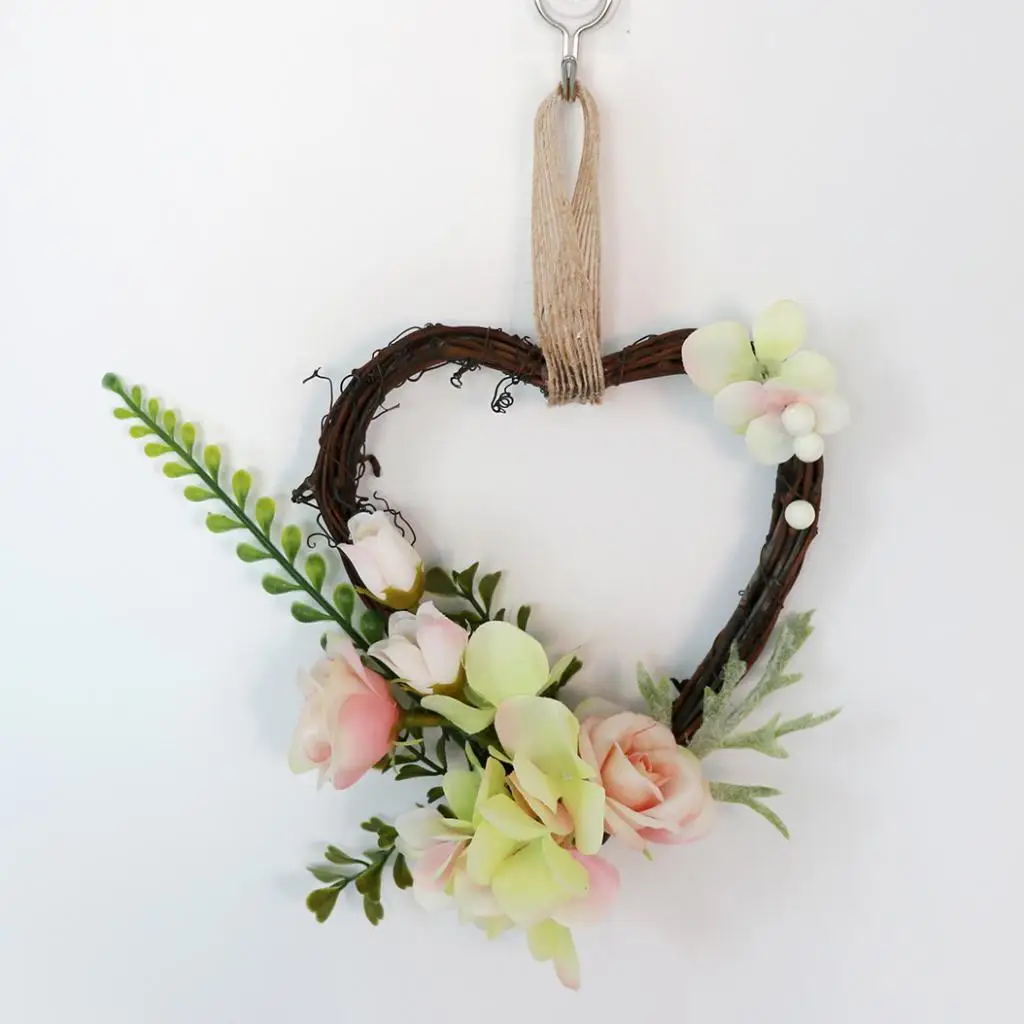 Heart Rattan Artificial Rose Flower Blossom Wreath Garland Chair Door Wall Decor