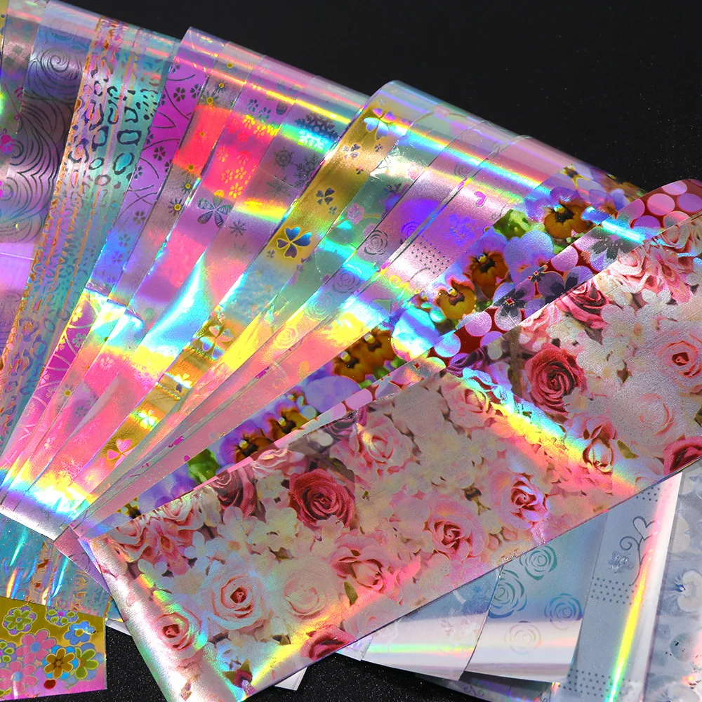 

Holographic Floral Star Nail Foil Set Flowers Images Nail Art Transfer Sticker Strip Line Decals Tips for Nail Gel Polish