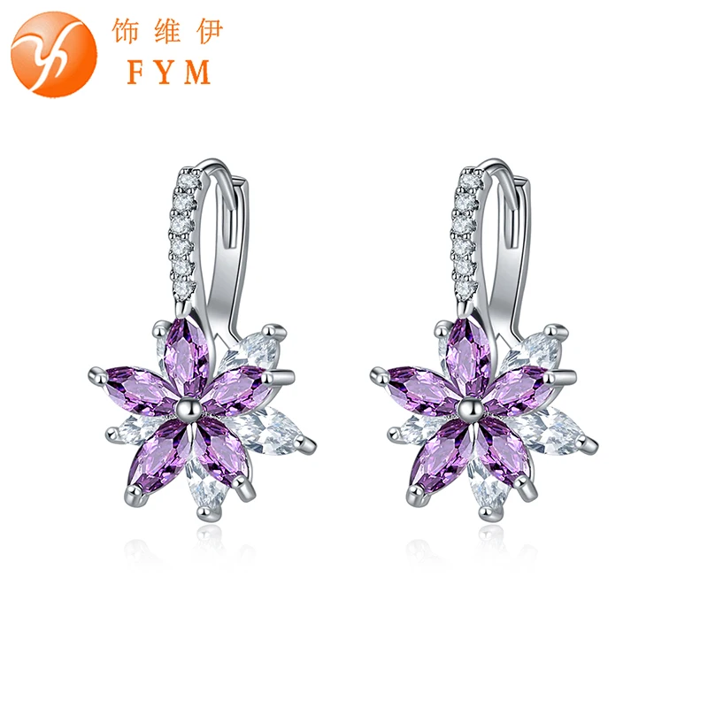 

FYM Brand 12 Colors Fashion Copper Cubic Zirconia Flower Stud Earrings For Women Sliver colors Earring Party jewelry FYMER0601
