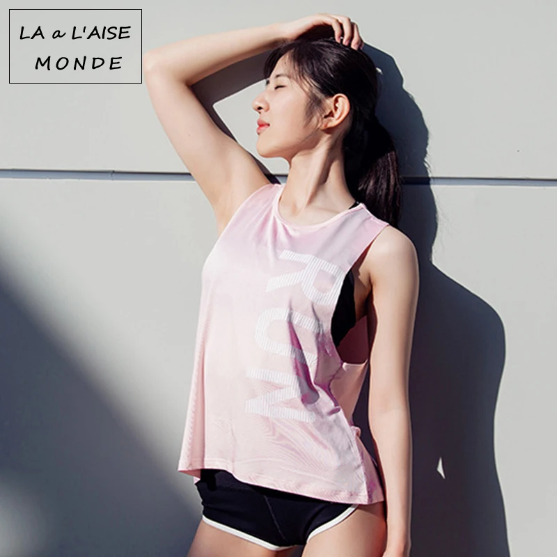 

Summer Women Fitness Running Vest Tank Top Quick Dry Letter Yoga Shirts Workout T Shirts Gym Loose Training Sportswear Singlet
