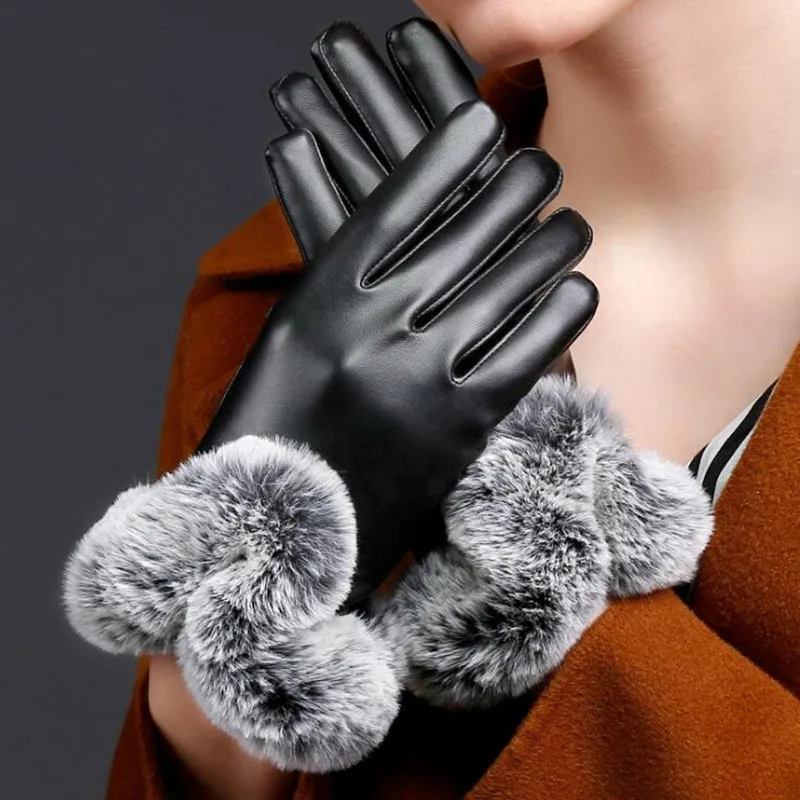 Lady Winter Black Gloves Imitation Rabbit Fur Warm Mittens Thickened Plus Velvet Touch Screen