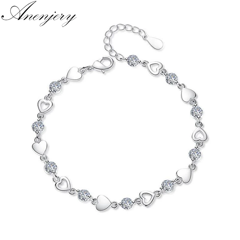

Anenjery New Fashion 925 Sterling Silver Love Heart Zircon Bracelets For Women Crystal Jewelry pulseira feminina S-B144