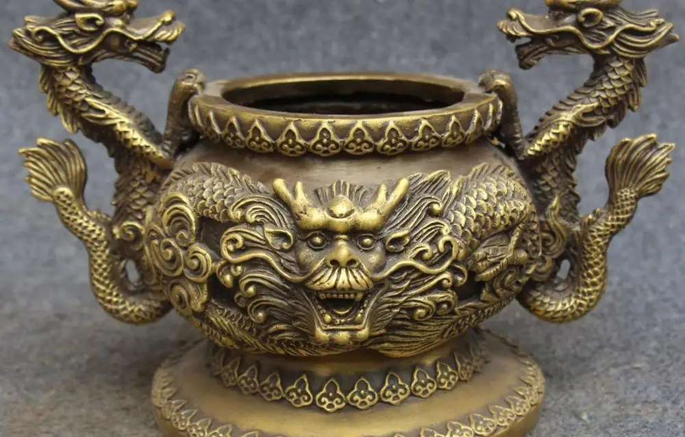 free shipping 9" China Pure Bronze Dragon Dragons Beast Handle Incense