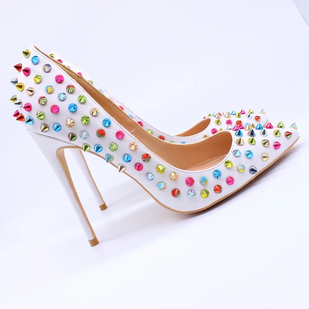 

Free shipping fashion women pumps white matt multi studded spikes pointed toe high heels sandals shoes boots pumps 12cm 10cm