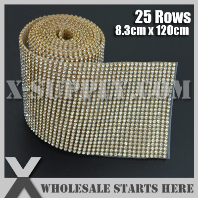 

25 Rows Rhinestone Banding Trim,Clear Crystals in Gold Base with Glue for Bridal Dress,Cake and Wine Standing