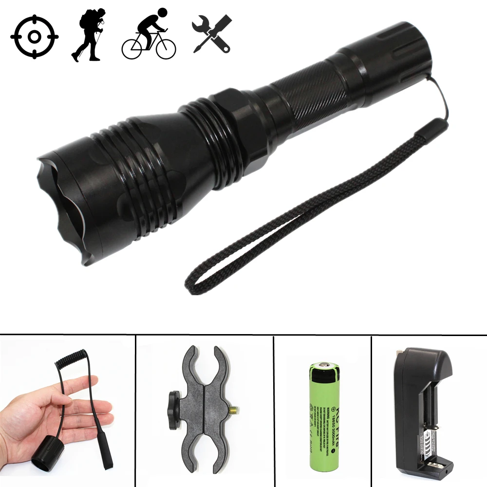 

Tactical LED Flashlight Hunting Lamp Green Light Spotlight XPE R2 LED Torch + Scope Mount + Remote Switch + 18650 + Charger