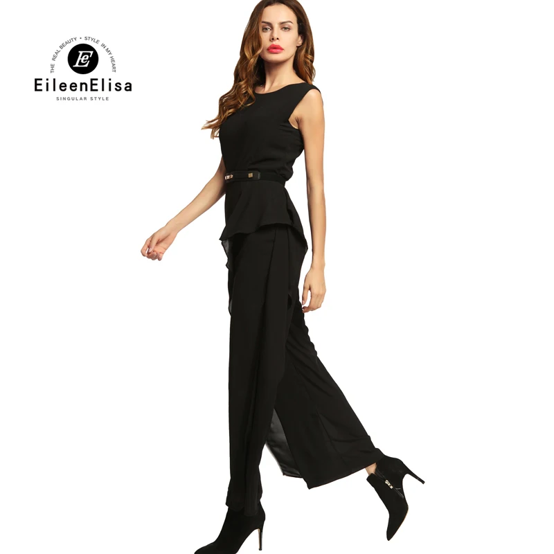 Jumpsuit Summer 2017 Elegant Black Sleeveless Waist Long Pants Ladies Jumpsuits Runway Romper