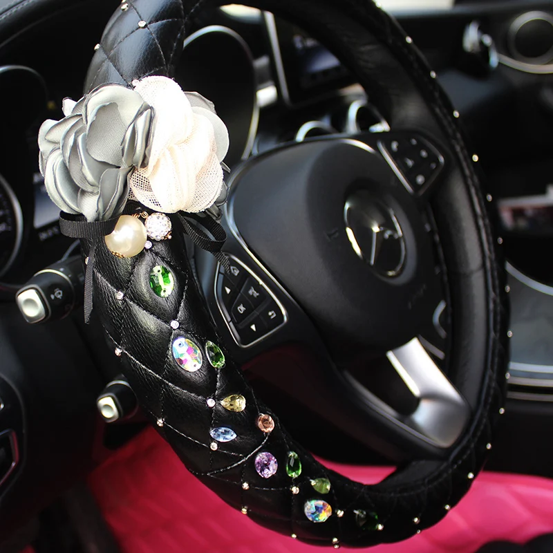 Diamond-Rhinestones-Car-Steering-Wheel-Covers-with-Hand-Stitched-Flower-Leather-Steering-Wheel-Cases-for-Girls-3
