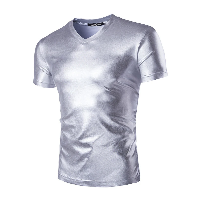 

2016 New Arrival Men Fashion Design Night Club T-Shirt Short Sleeve V Neck High Quality Silver Colar T Shirt Party Wear Top Tees