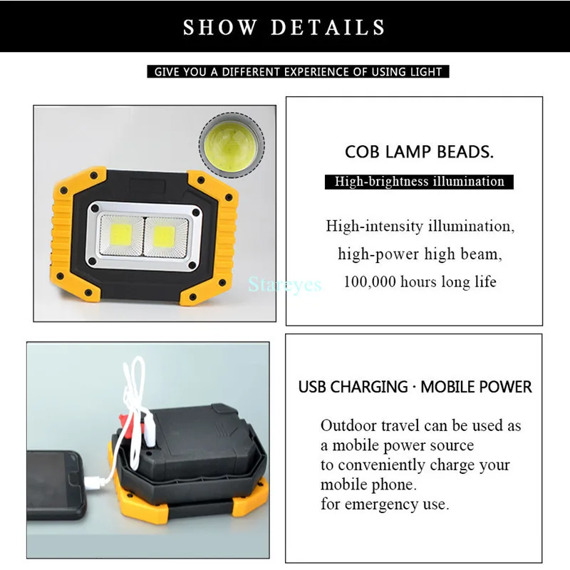 LED Flood Light led flood light Portable COB 20W Rechargeable Flood light Outdoor lamp lighting flashlight torch optional purchase 18650 battery