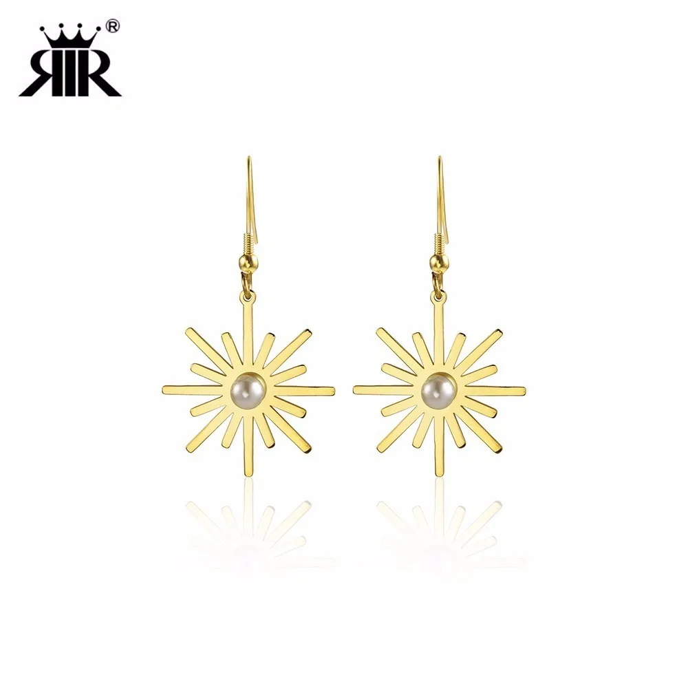 

RIR Stainless Steel Dazzling Sun Flower Pearl Drop Earrings Trend Unique Design Woman Accessories Jewellery Earrings