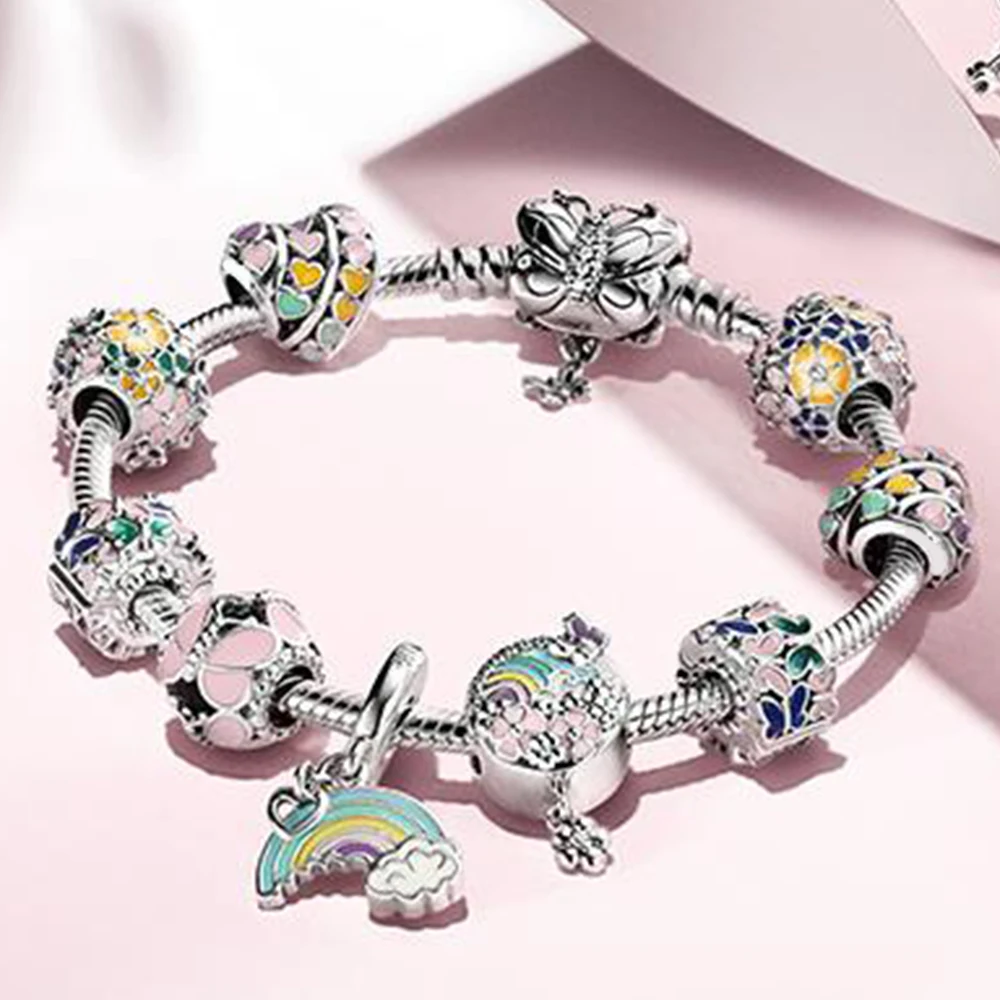 

NEW 2019 100% 925 Sterling Silver Flower Spring Fun Paradise Rainbow Butterfly Strings Dreamland Fit Bracelet Set Jewelry Gift